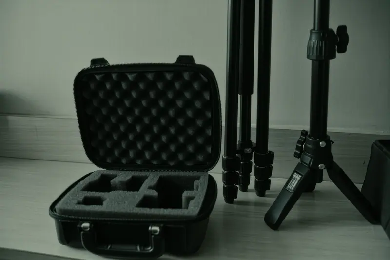 Camera cases, a folded tripod and a light stand laid out on a rental counter with foam inserts visible.