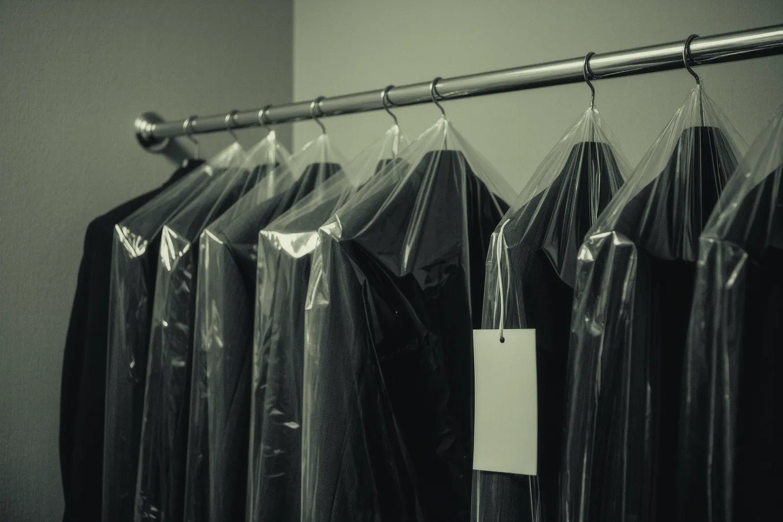 A rail of hire dinner suits in clear garment bags with blank paper tags across a plain fitting room, the nearest garment bag and its tag close in the foreground.