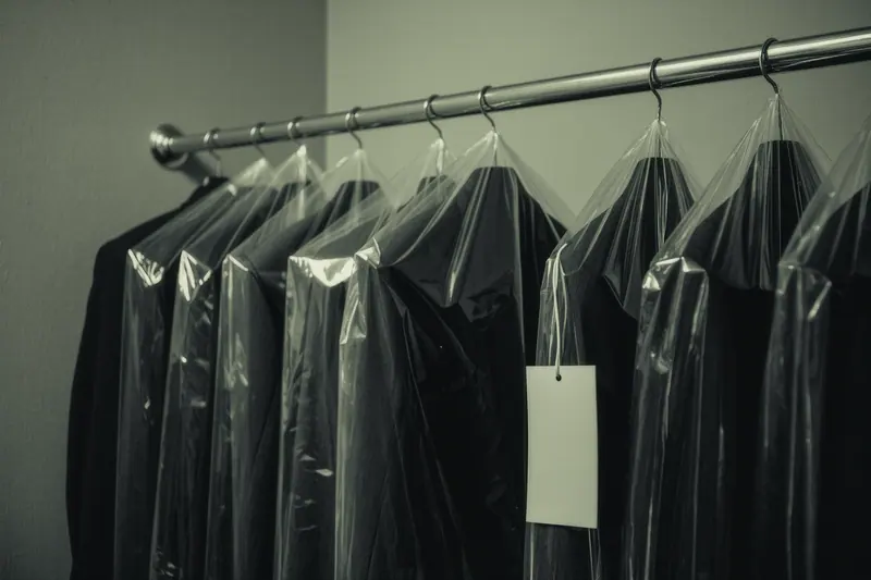 A rail of hire dinner suits in garment bags with paper tags hanging in a fitting room.