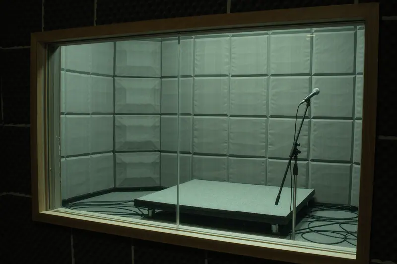 A small room with foam panels on the walls, a bare drum riser, coiled cables on the floor and a microphone stand.