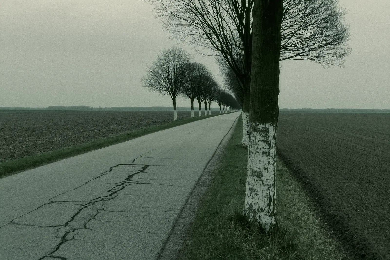 A straight tree-lined country road heading north out of Brandenburg under flat grey cloud, the cracked road edge and a whitewashed tree trunk close in the foreground.