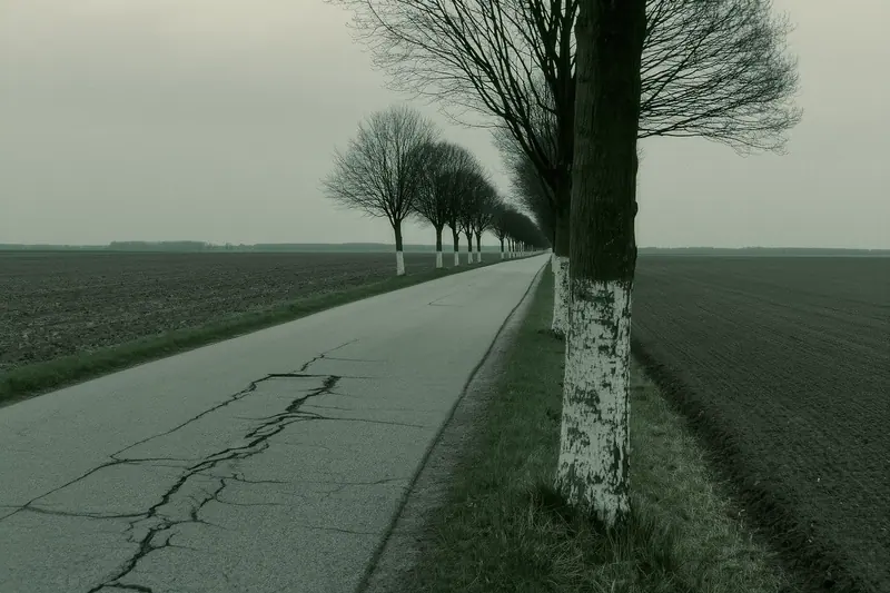 A straight tree-lined country road running out through flat Brandenburg farmland under heavy grey cloud.
