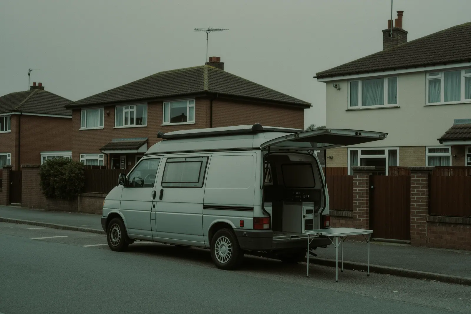 A compact campervan with its rear doors open on a quiet residential street, a folded camping table leaning against the rear bumper in the foreground.