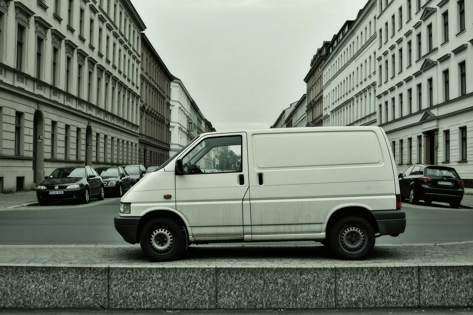 A small white van parked half up on the kerb of a wide Berlin street lined with stucco Altbau facades and parked cars, the granite kerbstone and rear wheel in the foreground.