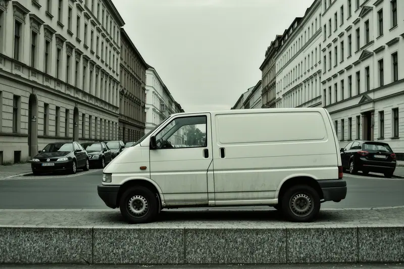 A small white van parked half on the kerb of a wide street lined with tall pre-war facades and parked cars.