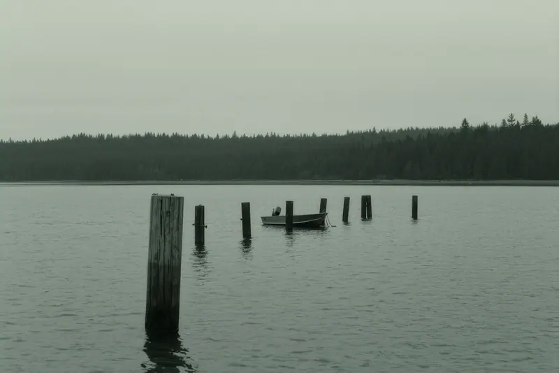 Wooden mooring posts and a small boat lying on flat grey water with pine woods on the far bank.