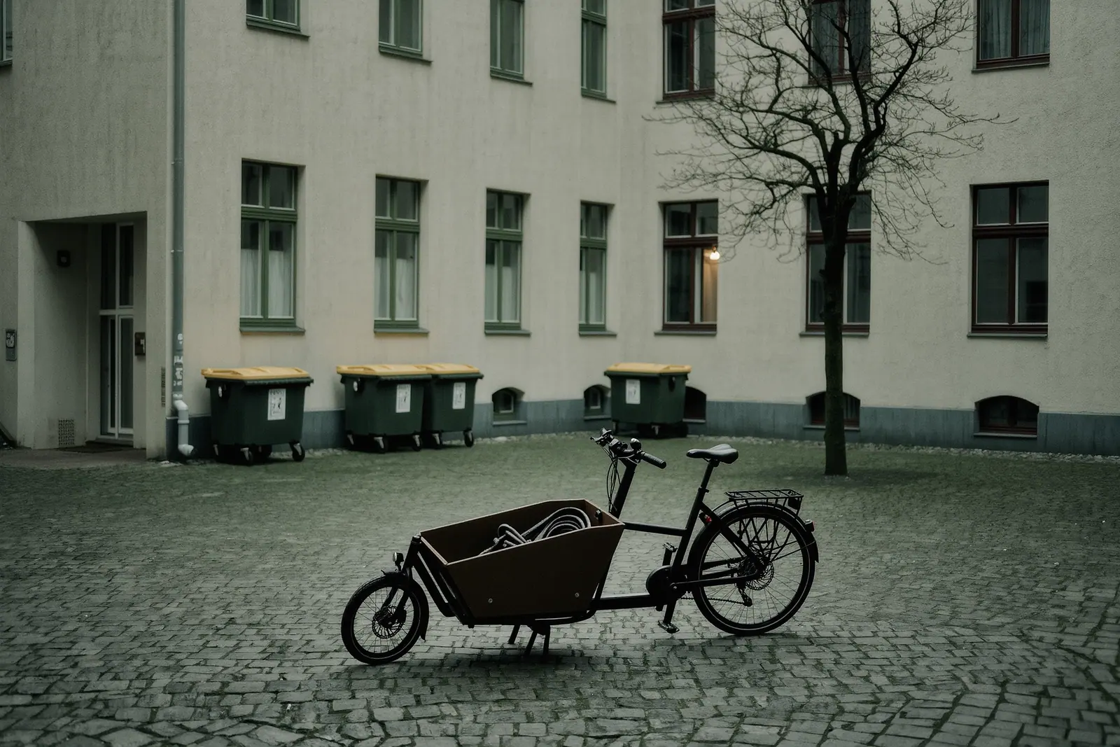 A long-box cargo bike parked on cobbles in a Kreuzberg courtyard, a loose ratchet strap coiled in the empty box, stucco rear facade behind.